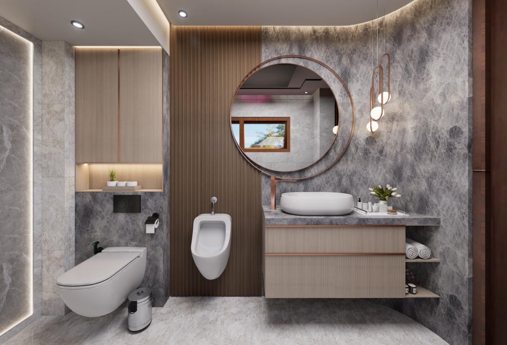 Elegant modern bathroom featuring marble finishes, round mirror, and contemporary fixtures.